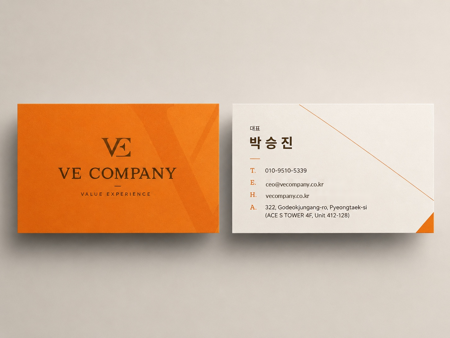 VE COMPANY 박승진 대표 명함 - VE 모노그램, VALUE EXPERIENCE 슬로건, 010-9510-5339, ceo@vecompany.co.kr, vecompany.co.kr 표기